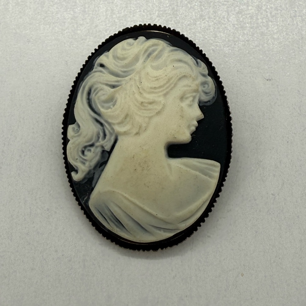 Vintage Cameo Brooch Oval Woman Portrait Black and White Pin Victorian Style Her